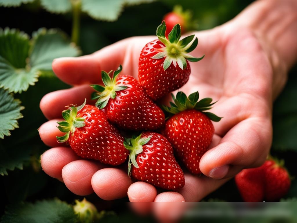 Спокойное изображение руки, держащей гроздь спелых, блестящих красных клубничек на фоне земляничного поля - Пример 4