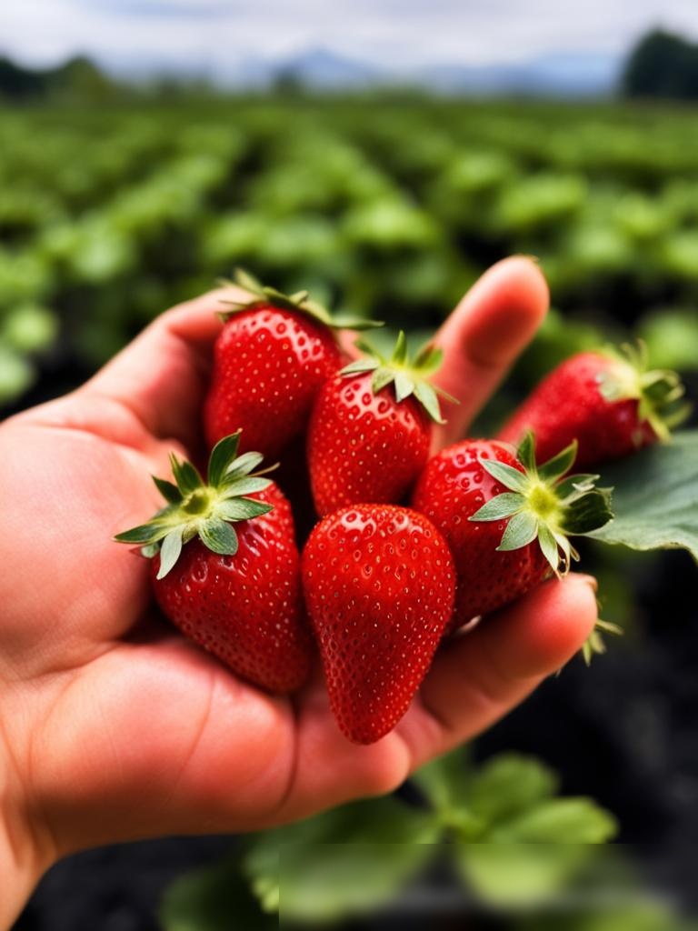 Спокойное изображение руки, держащей гроздь спелых, блестящих красных клубничек на фоне земляничного поля - Пример 5
