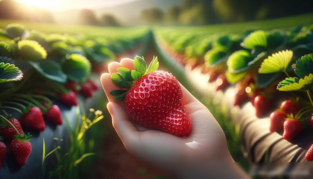 Спокойное изображение руки, держащей гроздь спелых, блестящих красных клубничек на фоне земляничного поля - Пример 1