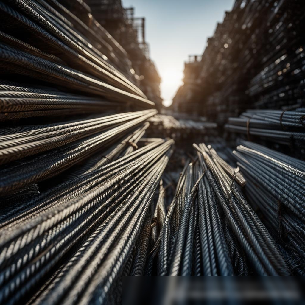 Крупный план стопки стальных арматурных прутьев на складе, с игрой теней и света на металлической поверхности - Пример 3