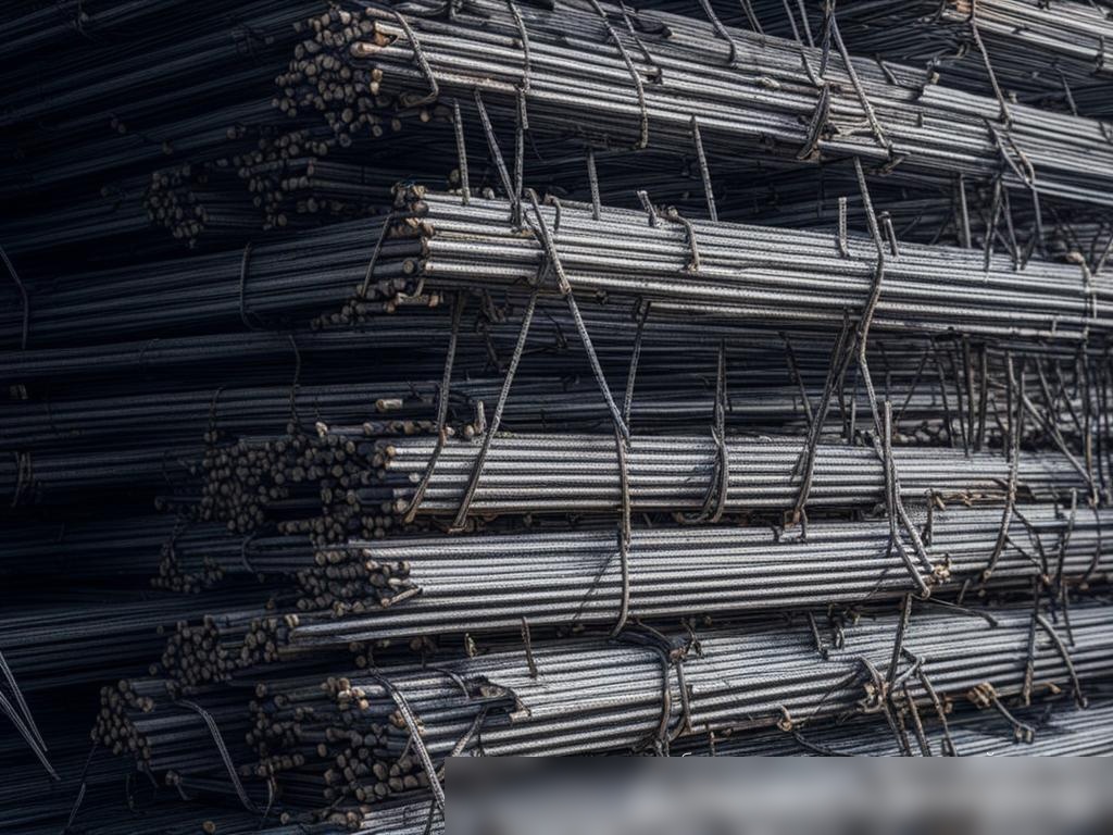 Крупный план стопки стальных арматурных прутьев на складе, с игрой теней и света на металлической поверхности - Пример 4