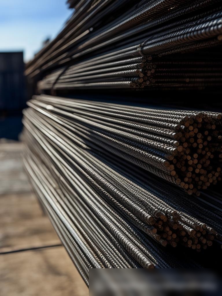 Крупный план стопки стальных арматурных прутьев на складе, с игрой теней и света на металлической поверхности - Пример 5