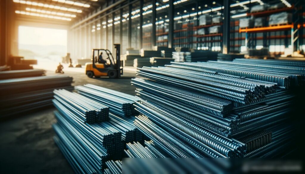 Крупный план стопки стальных арматурных прутьев на складе, с игрой теней и света на металлической поверхности - Пример 1