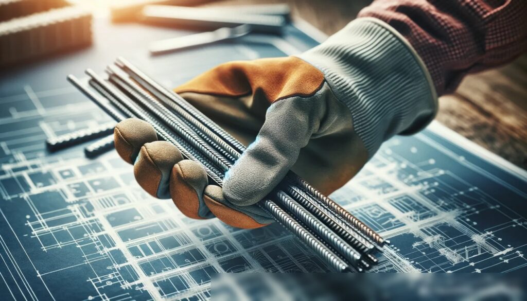 Концептуальное изображение руки человека в рабочей перчатке, держащей стальной арматурный прут, на фоне размытого чертежа здания - Пример 2