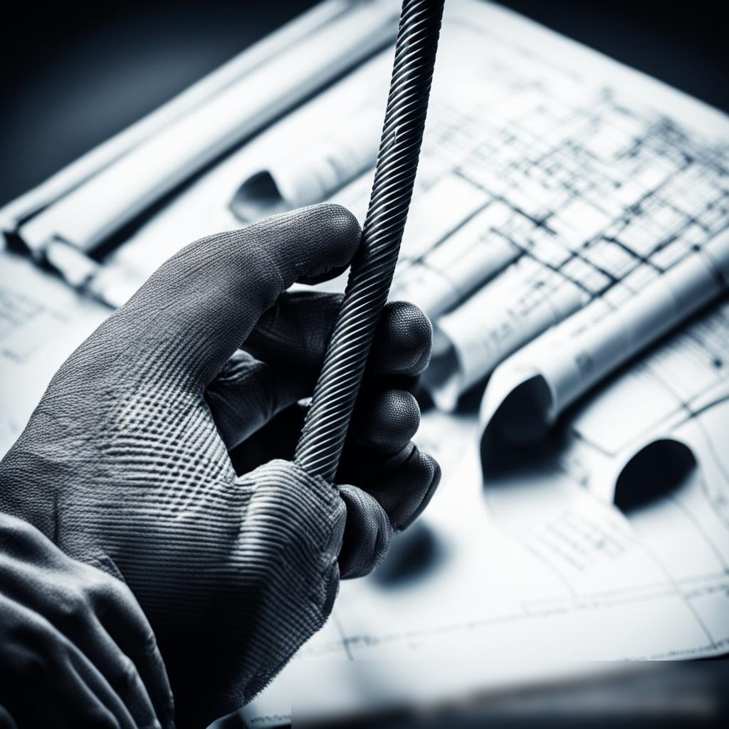 Концептуальное изображение руки человека в рабочей перчатке, держащей стальной арматурный прут, на фоне размытого чертежа здания - Пример 3