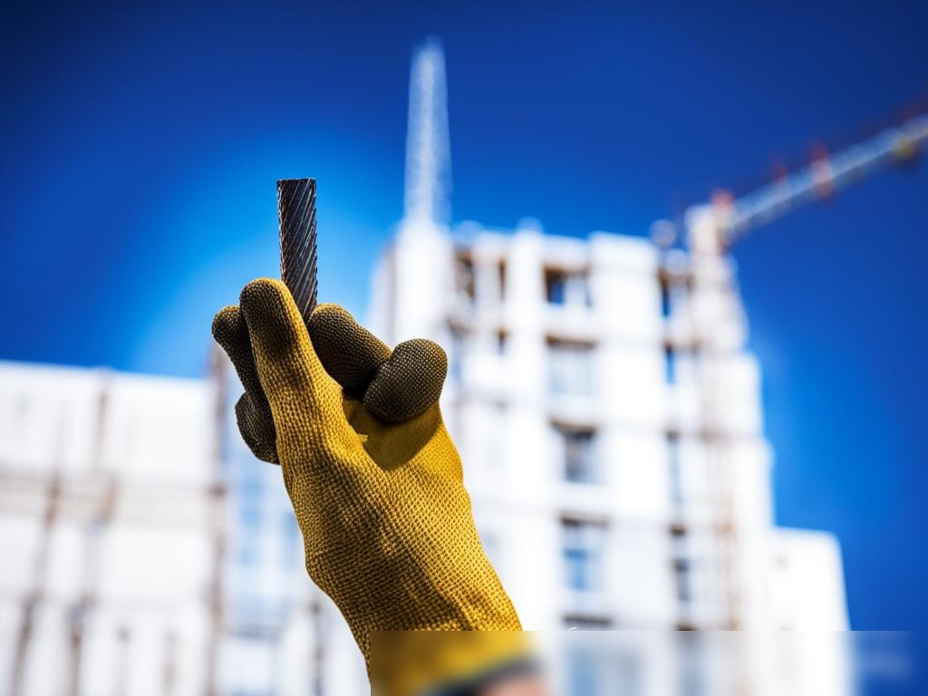 Концептуальное изображение руки человека в рабочей перчатке, держащей стальной арматурный прут, на фоне размытого чертежа здания - Пример 4