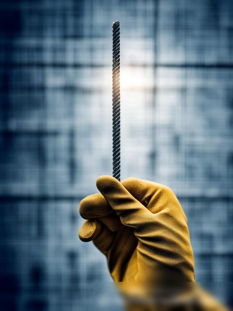 Концептуальное изображение руки человека в рабочей перчатке, держащей стальной арматурный прут, на фоне размытого чертежа здания - Пример 5