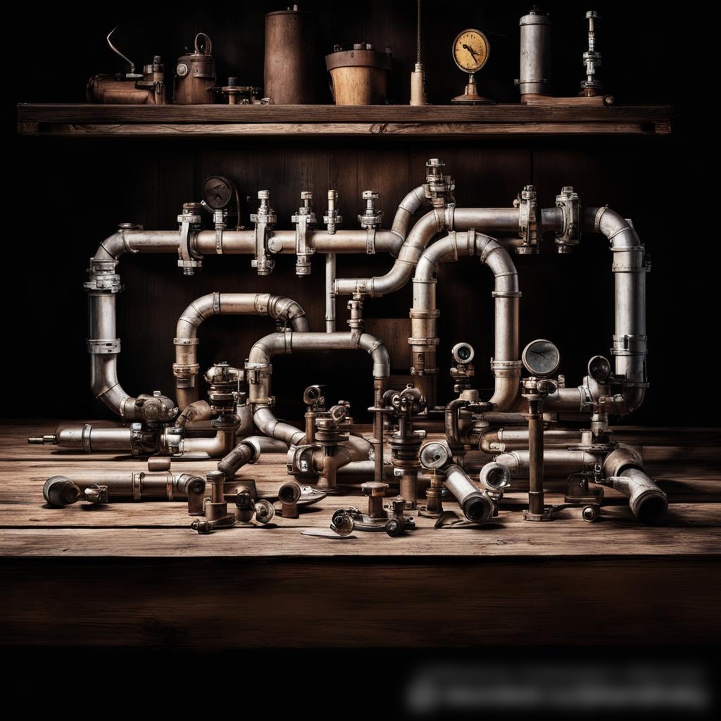 Художественное изображение компонентов трубопровода на столе из старого дерева - Пример 3