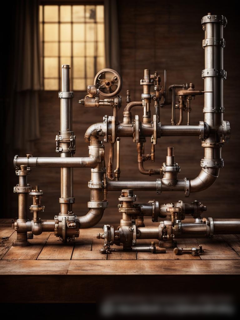 Художественное изображение компонентов трубопровода на столе из старого дерева - Пример 5