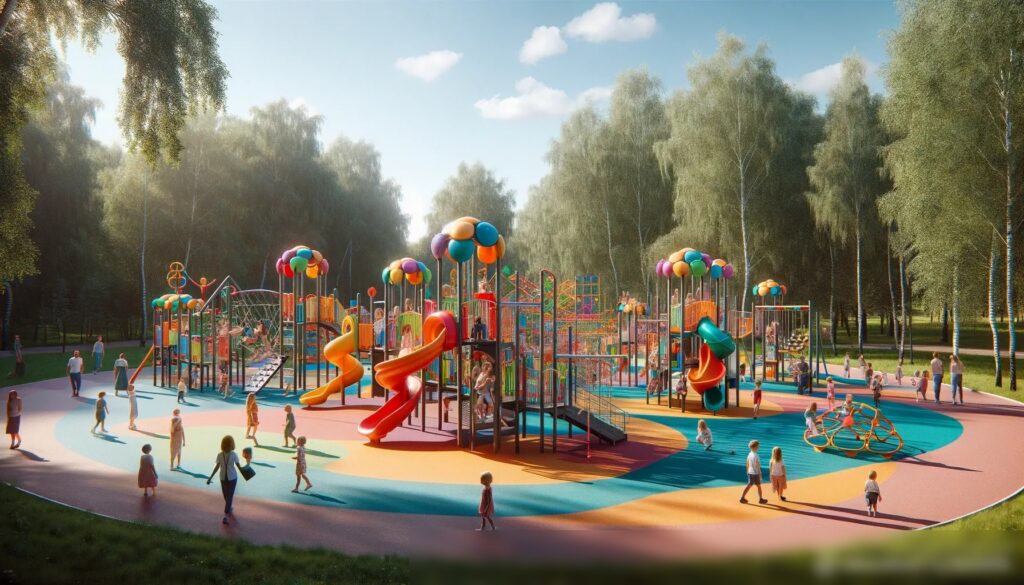 Яркая и современная детская площадка в пригородном парке в России летом - Пример 2