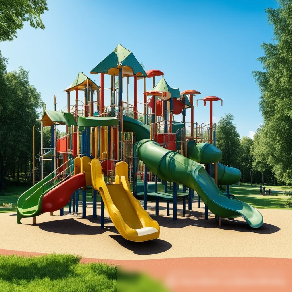 Яркая и современная детская площадка в пригородном парке в России летом - Пример 3