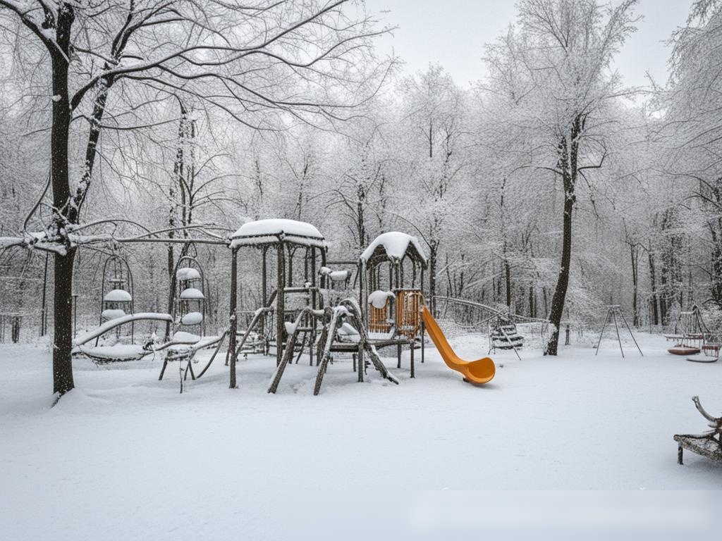 Зимний вид на детскую площадку в России, покрытую снегом - Пример 4