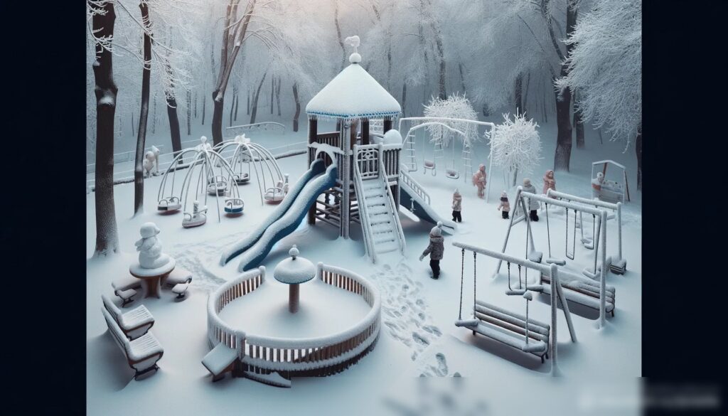 Зимний вид на детскую площадку в России, покрытую снегом - Пример 1