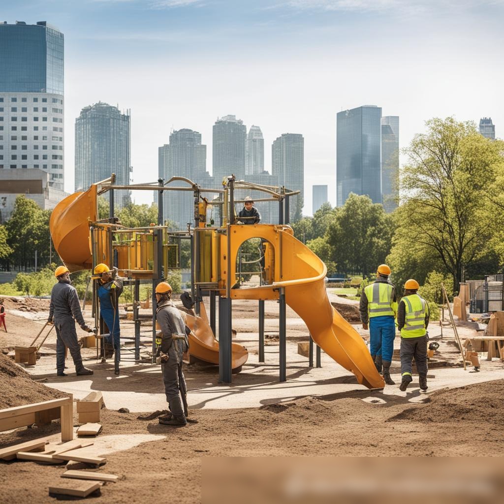 Команда профессионалов, устанавливающая детскую площадку в городском парке - Пример 3