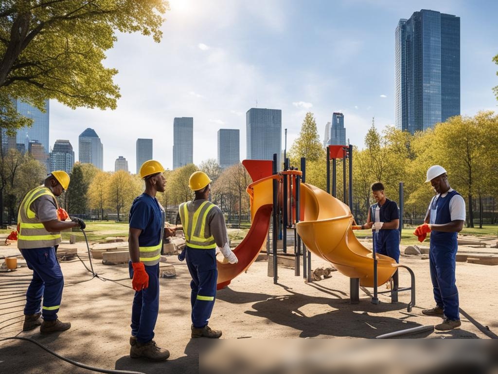 Команда профессионалов, устанавливающая детскую площадку в городском парке - Пример 4