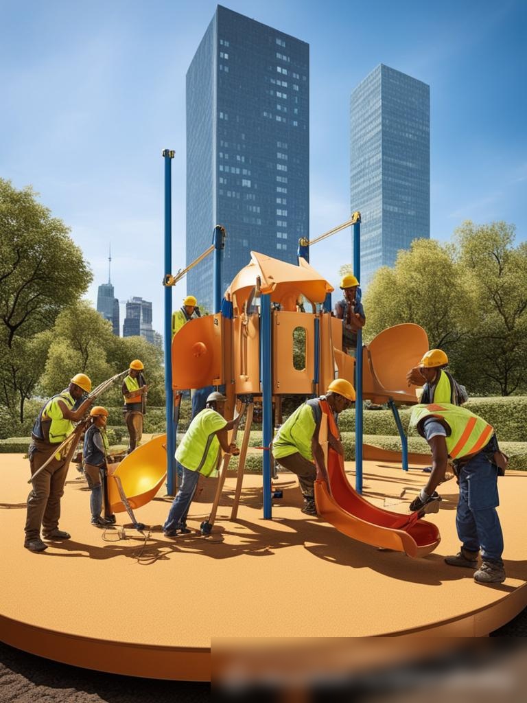 Команда профессионалов, устанавливающая детскую площадку в городском парке - Пример 5