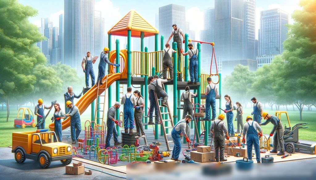 Команда профессионалов, устанавливающая детскую площадку в городском парке - Пример 1
