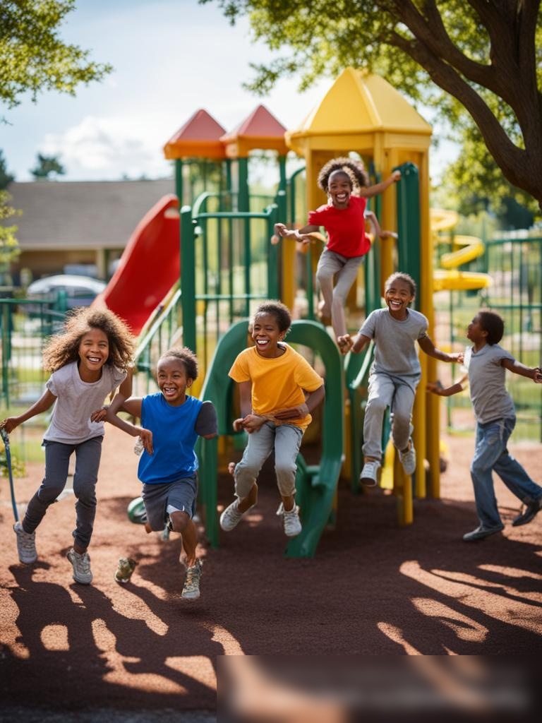 Дети, радующиеся на новой игровой площадке в пригородном районе - Пример 5