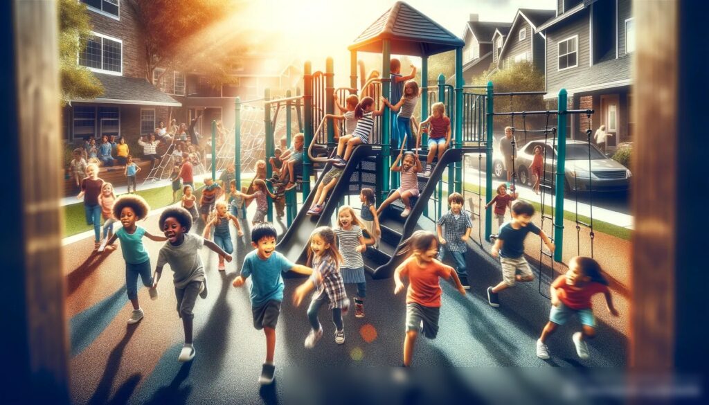 Дети, радующиеся на новой игровой площадке в пригородном районе - Пример 1