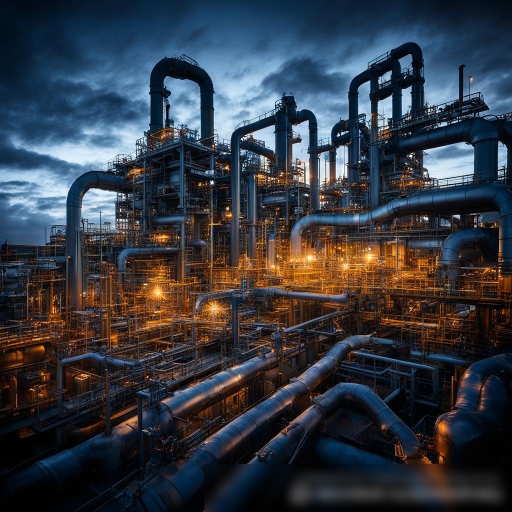 Драматичное фото современного промышленного объекта на рассвете, с видимыми сложными трубопроводами и электросистемами - Пример 3