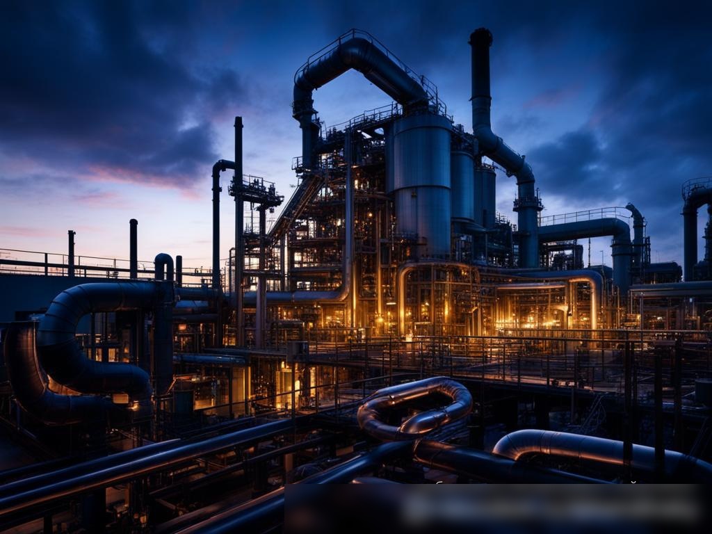 Драматичное фото современного промышленного объекта на рассвете, с видимыми сложными трубопроводами и электросистемами - Пример 4