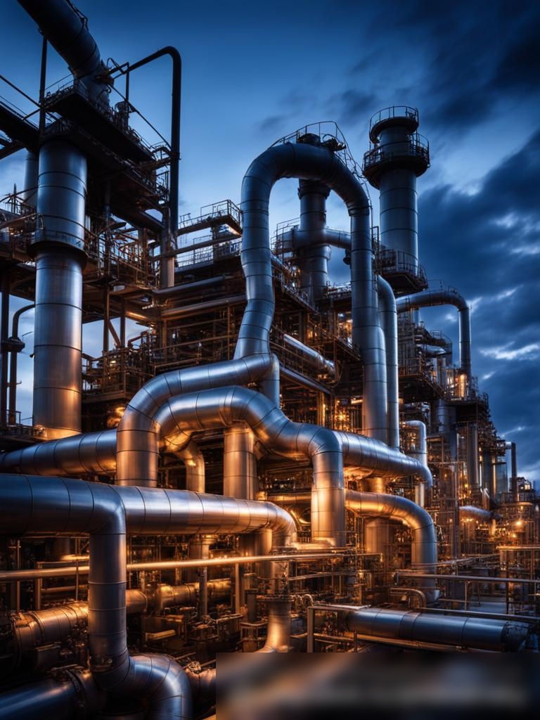 Драматичное фото современного промышленного объекта на рассвете, с видимыми сложными трубопроводами и электросистемами - Пример 5