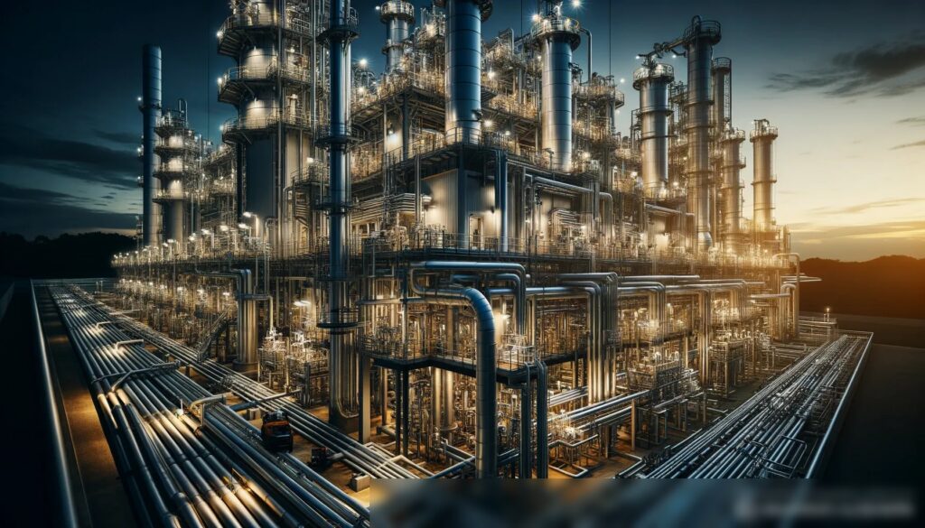 Драматичное фото современного промышленного объекта на рассвете, с видимыми сложными трубопроводами и электросистемами - Пример 1