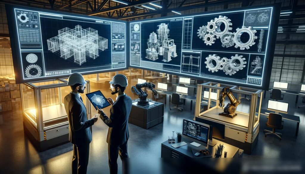 Изображение высокотехнологичного инженерного рабочего пространства с несколькими экранами, отображающими сложные проекты CAD, продвинутое оборудование вроде 3D-принтеров и роботизированных рук на заднем плане, а также инженеры в защитных очках и касках, активно обсуждающие проект на цифровом планшете - Пример 2