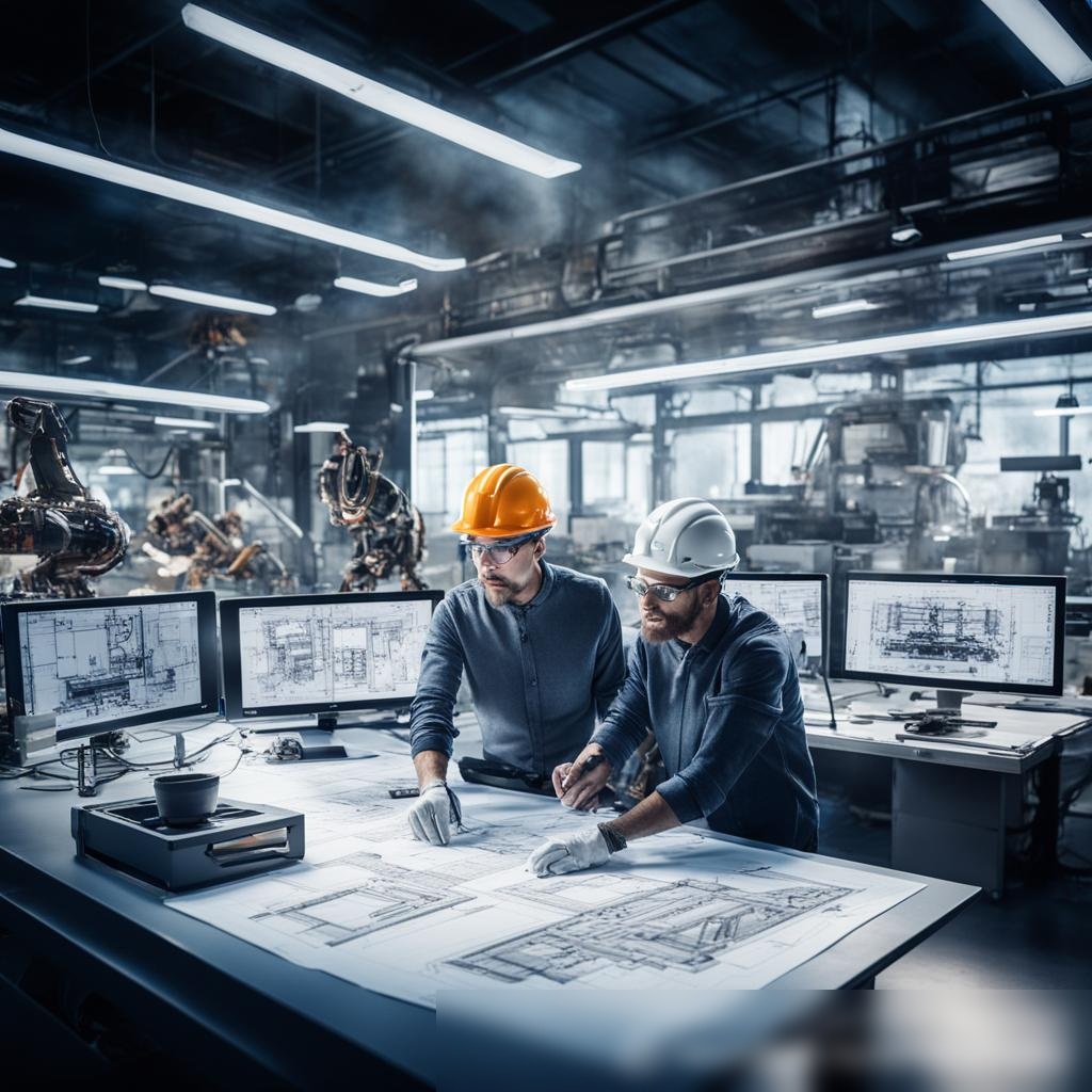 Изображение высокотехнологичного инженерного рабочего пространства с несколькими экранами, отображающими сложные проекты CAD, продвинутое оборудование вроде 3D-принтеров и роботизированных рук на заднем плане, а также инженеры в защитных очках и касках, активно обсуждающие проект на цифровом планшете - Пример 3