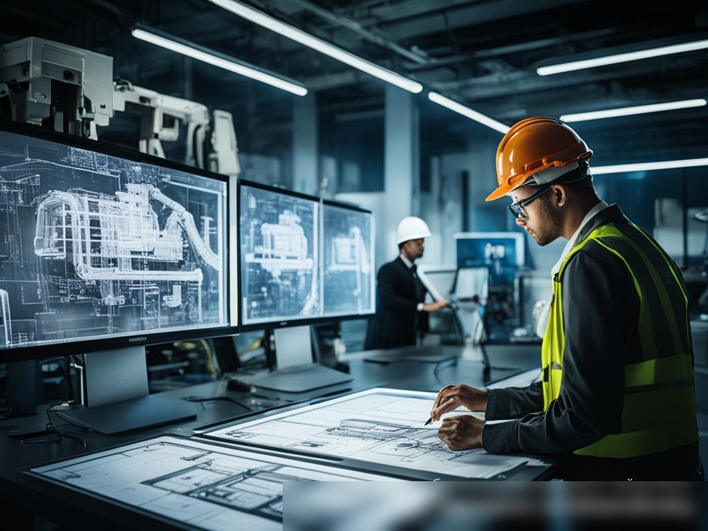 Изображение высокотехнологичного инженерного рабочего пространства с несколькими экранами, отображающими сложные проекты CAD, продвинутое оборудование вроде 3D-принтеров и роботизированных рук на заднем плане, а также инженеры в защитных очках и касках, активно обсуждающие проект на цифровом планшете - Пример 4