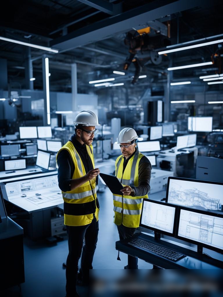 Изображение высокотехнологичного инженерного рабочего пространства с несколькими экранами, отображающими сложные проекты CAD, продвинутое оборудование вроде 3D-принтеров и роботизированных рук на заднем плане, а также инженеры в защитных очках и касках, активно обсуждающие проект на цифровом планшете - Пример 5