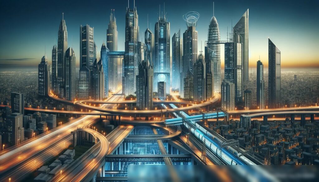 Футуристический городской пейзаж, демонстрирующий разнообразие инженерных чудес — небоскребы с инновационными дизайнами, мосты со сложными опорными конструкциями и подземные туннели, показывающие передовые системы инфраструктуры - Пример 2