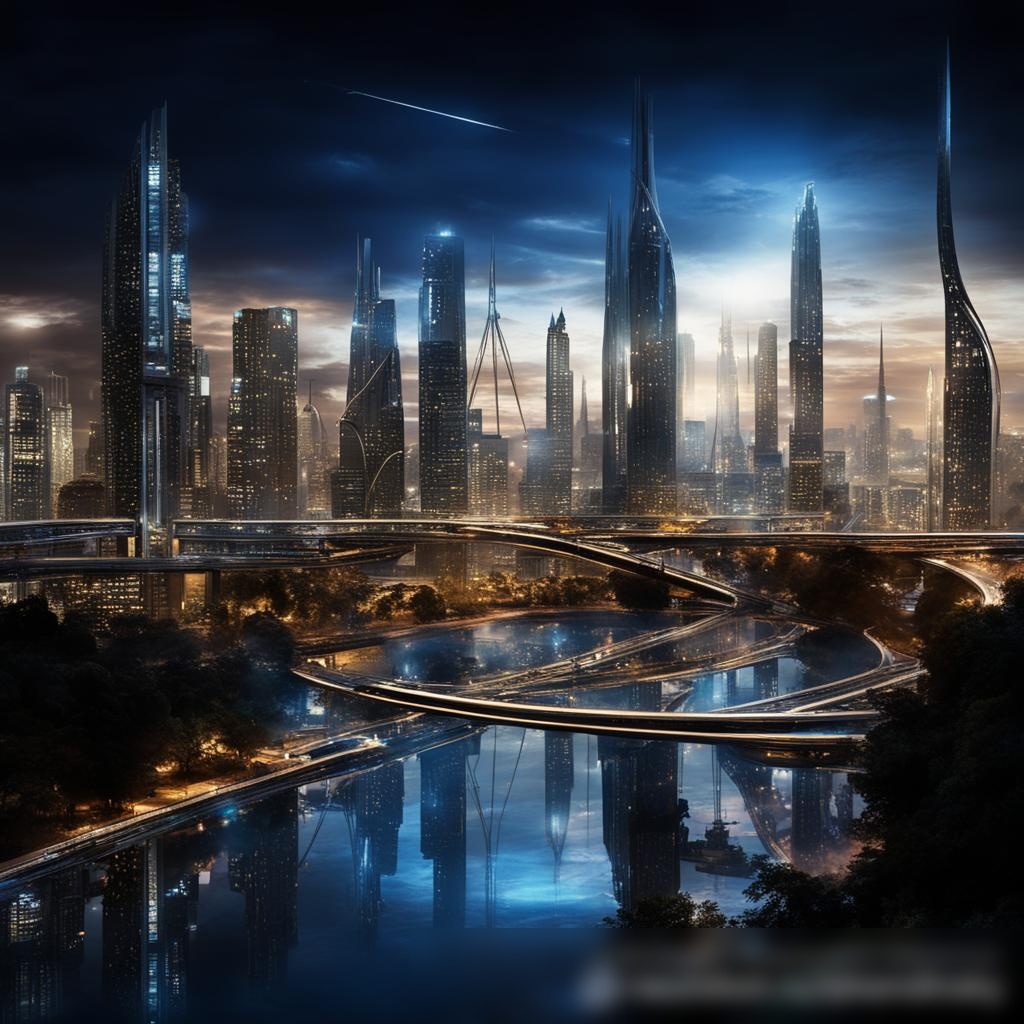 Футуристический городской пейзаж, демонстрирующий разнообразие инженерных чудес — небоскребы с инновационными дизайнами, мосты со сложными опорными конструкциями и подземные туннели, показывающие передовые системы инфраструктуры - Пример 3