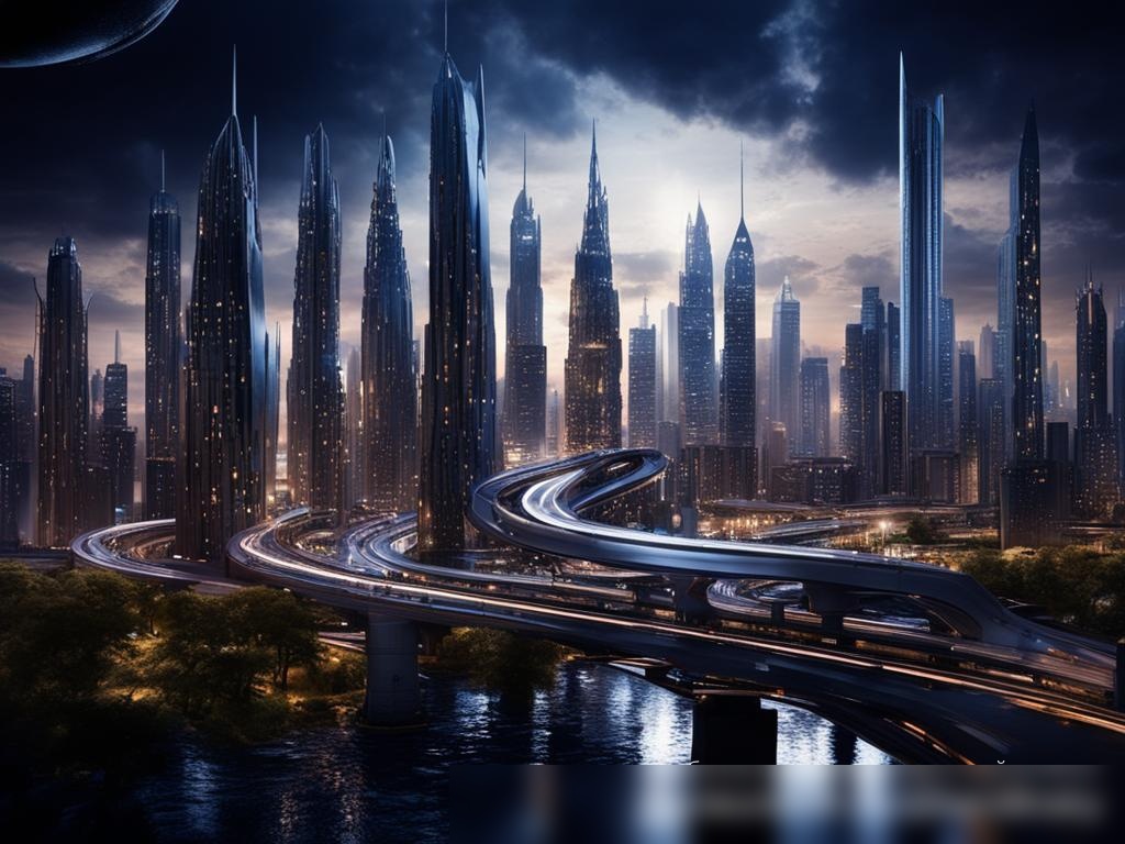 Футуристический городской пейзаж, демонстрирующий разнообразие инженерных чудес — небоскребы с инновационными дизайнами, мосты со сложными опорными конструкциями и подземные туннели, показывающие передовые системы инфраструктуры - Пример 4