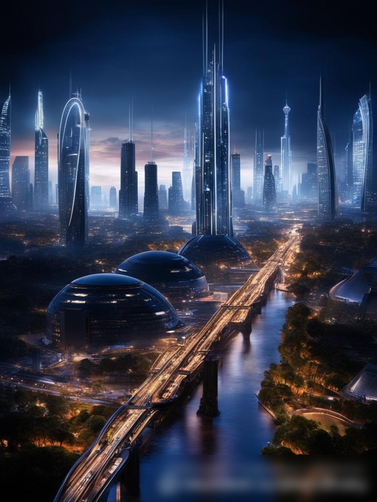 Футуристический городской пейзаж, демонстрирующий разнообразие инженерных чудес — небоскребы с инновационными дизайнами, мосты со сложными опорными конструкциями и подземные туннели, показывающие передовые системы инфраструктуры - Пример 5