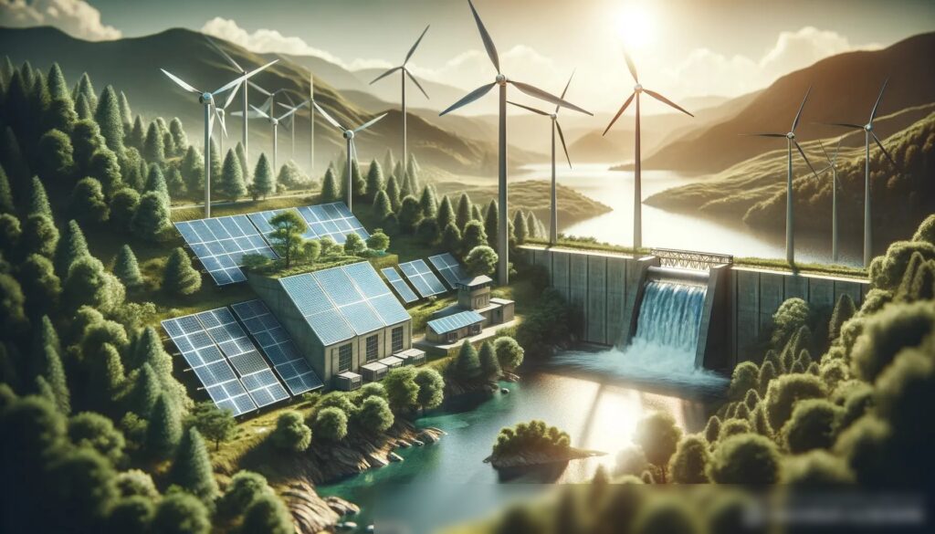Концептуальное изображение, демонстрирующее решения в области возобновляемой энергии, включающее солнечные панели, ветряные турбины и малую гидроэлектростанцию на фоне живописного природного ландшафта - Пример 2
