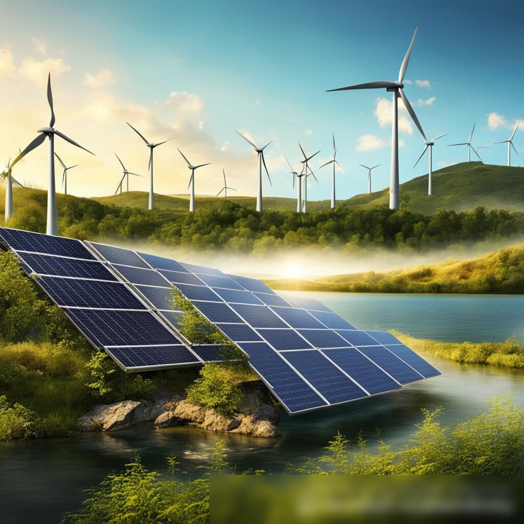 Концептуальное изображение, демонстрирующее решения в области возобновляемой энергии, включающее солнечные панели, ветряные турбины и малую гидроэлектростанцию на фоне живописного природного ландшафта - Пример 3