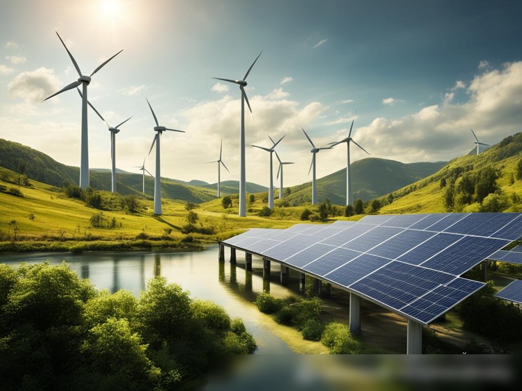 Концептуальное изображение, демонстрирующее решения в области возобновляемой энергии, включающее солнечные панели, ветряные турбины и малую гидроэлектростанцию на фоне живописного природного ландшафта - Пример 4