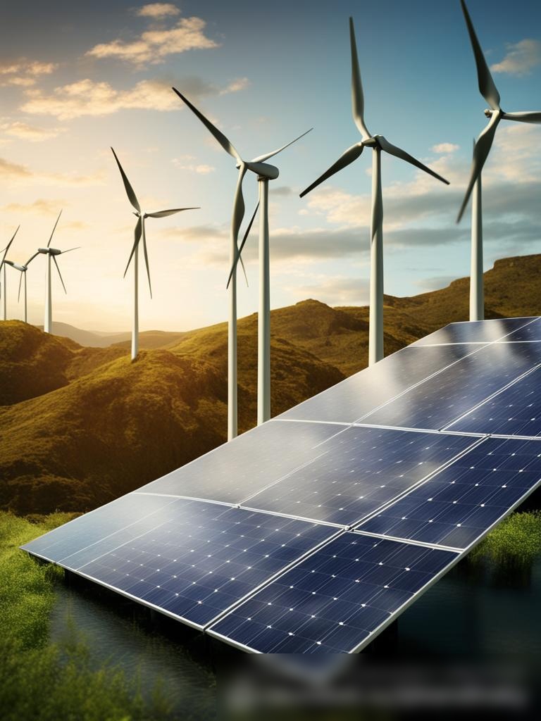 Концептуальное изображение, демонстрирующее решения в области возобновляемой энергии, включающее солнечные панели, ветряные турбины и малую гидроэлектростанцию на фоне живописного природного ландшафта - Пример 5