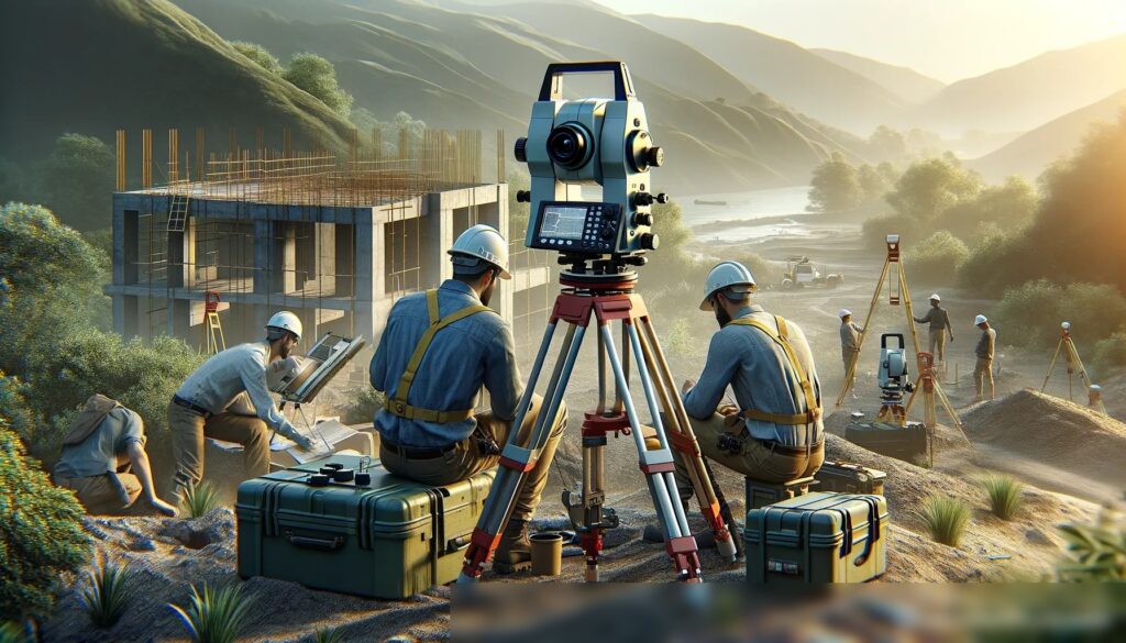 Команда инженеров, работающая над геодезическим обследованием на пересеченной местности - Пример 1