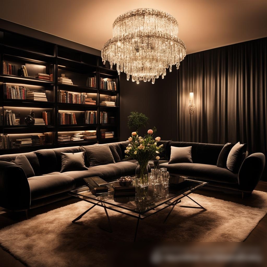 Современная гостиная вечером с мягким освещением и большой элегантной хрустальной люстрой - Пример 3