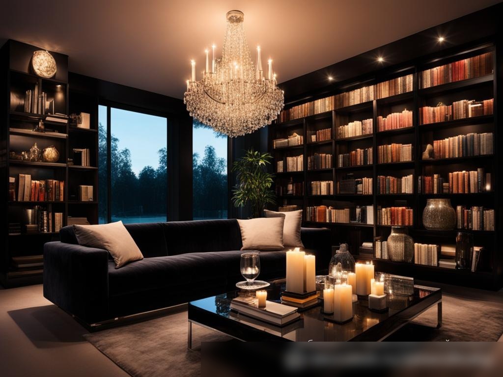 Современная гостиная вечером с мягким освещением и большой элегантной хрустальной люстрой - Пример 4