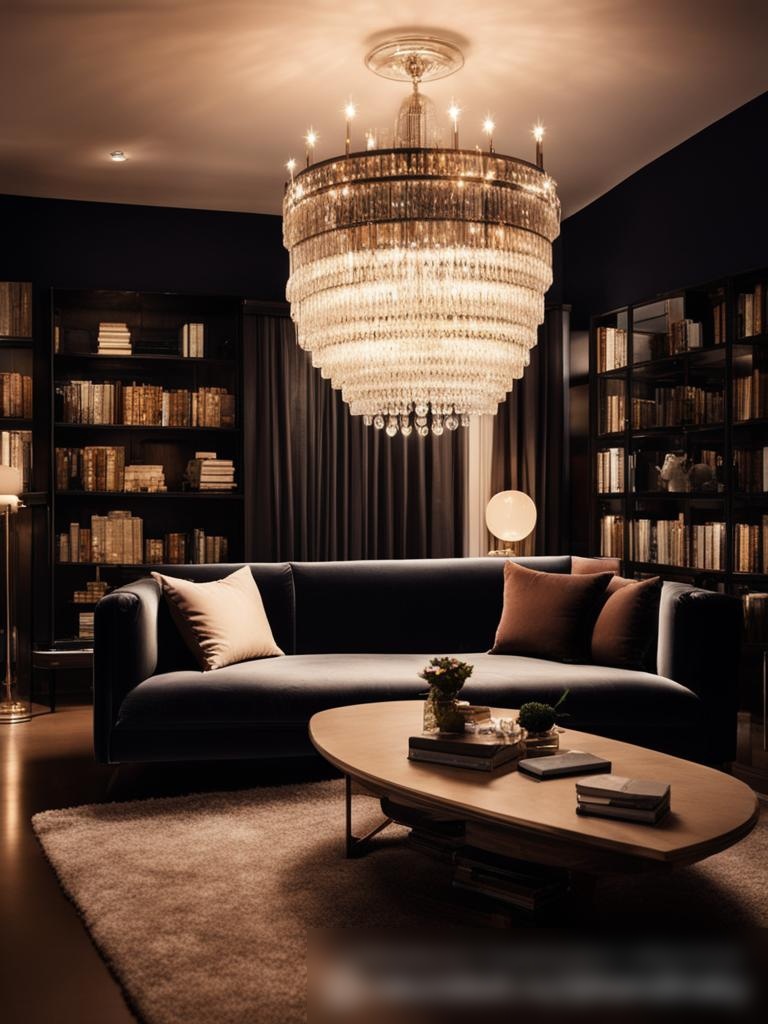 Современная гостиная вечером с мягким освещением и большой элегантной хрустальной люстрой - Пример 5