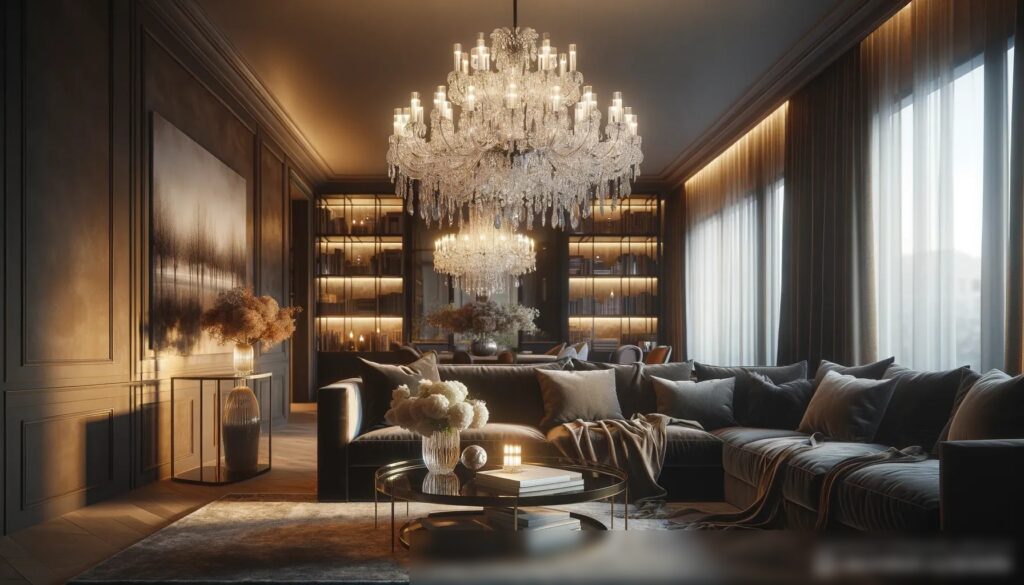 Современная гостиная вечером с мягким освещением и большой элегантной хрустальной люстрой - Пример 1