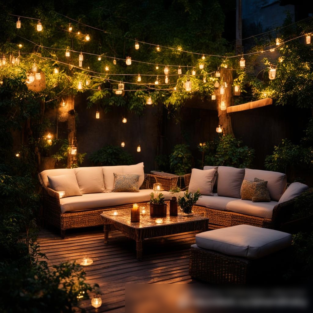 Наружная веранда на закате, украшенная разнообразными гирляндами и фонарями, с комфортной мебелью - Пример 3