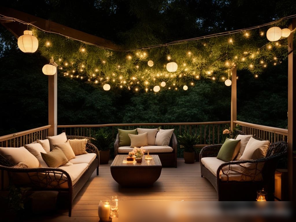 Наружная веранда на закате, украшенная разнообразными гирляндами и фонарями, с комфортной мебелью - Пример 4