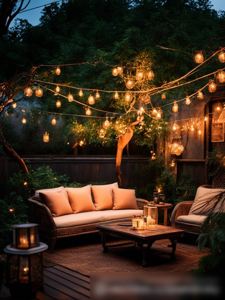 Наружная веранда на закате, украшенная разнообразными гирляндами и фонарями, с комфортной мебелью - Пример 5
