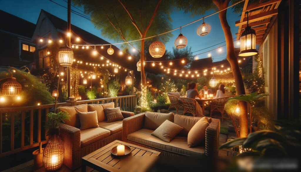 Наружная веранда на закате, украшенная разнообразными гирляндами и фонарями, с комфортной мебелью - Пример 1