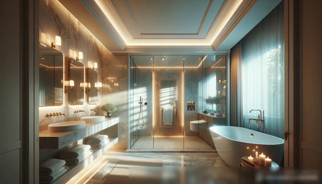 Роскошная ванная комната с атмосферой спа, освещенная врезными потолочными светильниками и небольшими настенными бра - Пример 2
