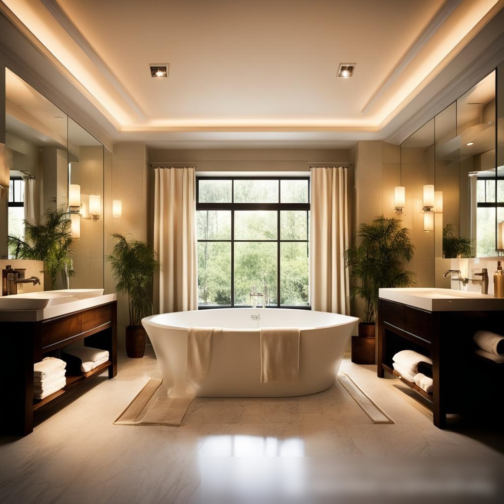 Роскошная ванная комната с атмосферой спа, освещенная врезными потолочными светильниками и небольшими настенными бра - Пример 3